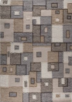 an area rug with squares and rectangles in grey, beige and brown colors