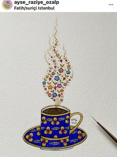 a drawing of a coffee cup with a saucer on it and a brush next to it