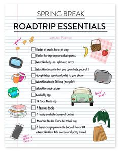 the spring break road trip essentials checklist is shown in white paper with black writing