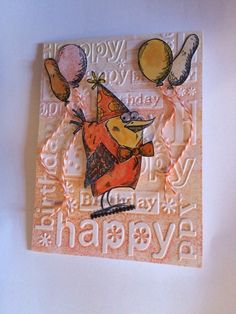 a card with an image of a bird holding balloons and the words happy on it