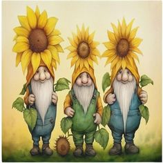 three gnomes with sunflowers on their heads are standing next to each other