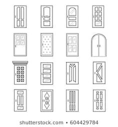 a set of doors and windows in different styles, sizes and colors are shown on a white background