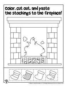 a fire place with the words color cut out and paste the stockings to the fireplace