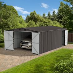 a car is parked in the garage with its door open