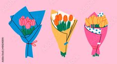 three different types of flowers are shown on a pink background with blue and orange ribbons