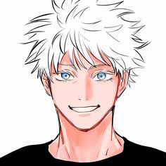 an anime character with white hair and blue eyes smiles at the camera while wearing a black t - shirt