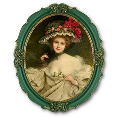 a painting of a woman wearing a hat and holding flowers in her left hand, with a green frame around it