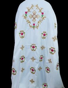 The embroidered fabric is designed for the vestment of the orthodox deacon, priest and Arch Priest.  Deacon: Includes fabric for the Stikharion (robe), epimanika (cuffs) and oration (stole) Priest: Includes fabric for the phelonion (chasuble), zone (belt), epigonation (palitza), epimanika (cuffs) and epitrachelion (stole).  Arch Priest: Includes fabric for Epitrachelion (stole), zone (belt), epimanika (cuffs), epigonation (palitza), Sakkos (robe), small and large omophrion.  Τhe fabric is light Traditional White Embroidered Chasuble, Traditional Chasuble With Gold Embroidery For Church, Traditional Embroidered Ceremonial Chasuble, Traditional Embroidered Chasuble For Ceremonial Use, The Orator, Greek Orthodox, Embroidered Fabric, Embroidery Machine, Machine Embroidery