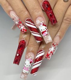 Latina Christmas, Disney Acrylic Nails, Quinceanera Nails, Kitty Christmas, Cute Acrylic Nail Designs, Hello Kitty Nails, Dope Nail Designs, Hello Kitty Christmas, Christmas Nails Acrylic