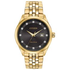 Citizen defines distinctive style with this men's diamond-accented stainless steel watch from the Corso collection.Watch the product video here.FEATURES Date window DISPLAY Dial color: black sunray with diamond-accent hour markers Face cover material: sapphire crystal CASE Material: gold-tone stainless steel Diameter: 41 mm BAND Material: gold-tone stainless steel Clasp: push-button deployment Circumference: 205 mm Width: 21 mm Not the right fit? Visit your local Kohl's retail store for a free a Jewelry Questions, Eco Drive Watches, Jewelry Advice, Jewelry Watch, Citizen Watch, Citizen Eco, Crystal Watches, Light Style, Eco Drive