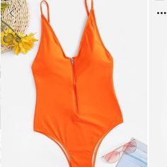 Orange One Piece Swimsuit! Never Worn Only Tried On, Just Didn’t Fit Me Right. Size Large But Would Fit A Medium, Too. Open Back. Orange One Piece Swimsuit, Tropical Dresses, Orange One Piece, Beachwear For Women, Neon Colors, Monokini, One Piece Swimwear, Low Back, Color Orange