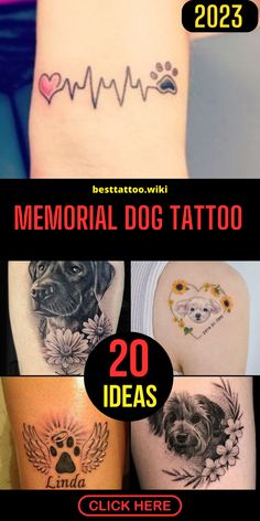 some tattoos that are on someones arm and the words memorial dog tattoo written in different languages