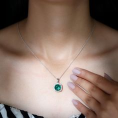 Product Details Are you the one amongst all ladies who always sets her style quotient upto the mark whether its about trendy Gemstone Pendant Necklace or a Classy Summer outfit for the fun evening parties than this Classic Solitaire Created Emerald and Moissanite Halo Pendant Necklace is the answer to all your ifs and buts. This Halo Pendant Necklace will add on charm to your overall look with its elegance and beauty and you wont get enough receiving those never ending compliments your way. So d Classic Pendant Necklace, Silver Pen, Gemstone Pendant Necklace, Lab Created Emerald, Halo Pendant, Emerald Pendant, Signature Jewelry, Minimal Jewelry, Gemstone Necklace Pendant