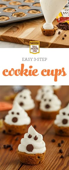 easy 3 - step cookie cups with chocolate chips and marshmallows in the middle