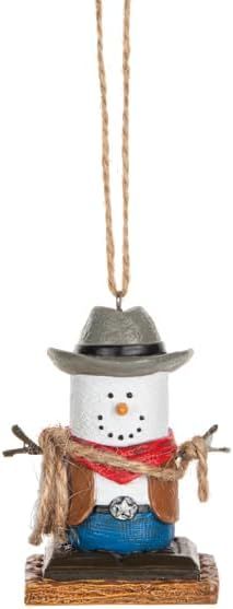 a snowman ornament hanging from a rope on top of a wooden board