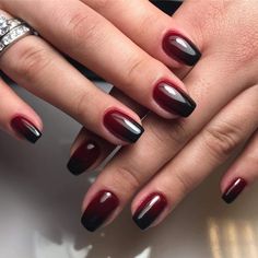 Red Into Black Nails, Red Black Tip Nails, Gel Nails Red And Black, Dark Red Nails With Black French Tips, Black And Garnet Nails, Short Nails Acrylic Dark Colors, Black Maroon Nails, Black Nail Red French Tip, Ombre Nails Black And Red