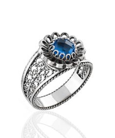 Sterling Silver Filigree Art Daisy Blue Quartz Women Cocktail Ring