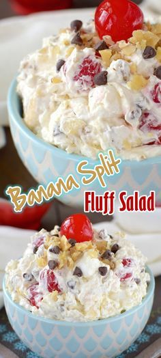 banana split fluff salad with cherries and chocolate chips in a blue serving dish