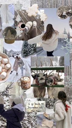 a collage of photos with people and animals in the snow, one woman is holding an egg