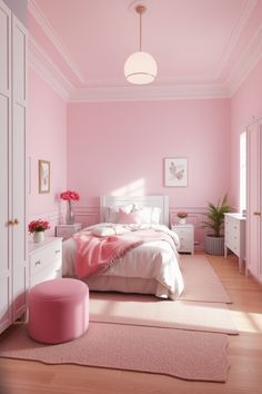 a bedroom with pink walls and white furniture