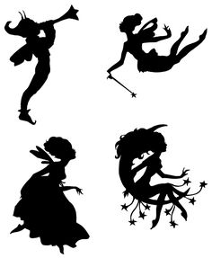 the silhouettes of fairy tale characters are shown in black and white, as well as one