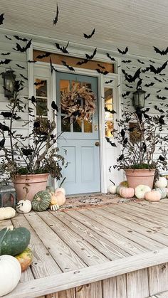 pumpkins and gourds on the front porch of a house with bats painted on the wall