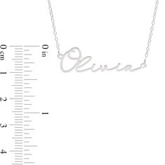 A graceful style, this personalized name necklace is a sweet casual look. Crafted in sterling silver, this design showcases a name - between two and 10 characters in length - sculpted in a calligraphy script font. Polished to a bright shine, this name art suspends centered along a 16.0-inch rolo chain that secures with a spring-ring clasp. Minimalist Adjustable Name Necklace, Silver Signature Nameplate Necklace, Minimalist White Gold Name Necklace, Classic White Gold Necklaces With Custom Name, Classic Personalized Pendant Name Necklace, Signature Sterling Silver Name Necklace, Classic White Gold Name Necklace For Personalized Gift, Classic White Gold Name Necklace As Personalized Gift, Classic Pendant Name Necklace For Personalized Gift