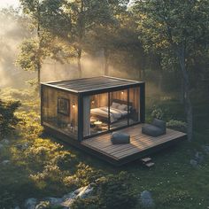 a small cabin in the middle of a forest