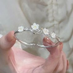 Chinese Style Cherry Blossom Open Bangle Bracelet For Women Silver Color White Flower Floral Luxury Wedding Jewelry, Blossom Bracelet, Open Bangle Bracelet, Floral Bracelet, Open Bangle, Adjustable Bangle, Floral Jewellery, Cuff Bangles, Flower Pendant