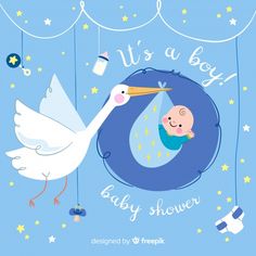 it's a boy baby shower with a stork holding a baby in its belly