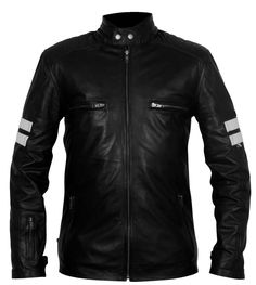 Men's Black Leather Jacket with White Stripes Striped Leather Jacket, Motorcycle Wear, Black Leather Motorcycle Jacket, Best Leather Jackets, Unique Jackets, Men's Leather Jacket, Mens Black Leather, Stylish Jackets