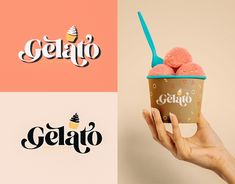 a hand holding up an ice cream cup with two scoops in it and the word gelato on top