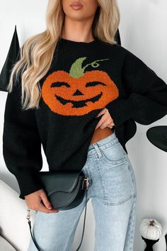 100% POLYESTER Model Wearing Size Small Color: Black/Multi Sweater Knit Material Round Neckline Jack-O-Lantern Detail Oversized Sleeves Full Length Sweater Has Stretch 19.5" Armpit To Sleeve End 14.5" Armpit To Hemline For Model Size Specs Please Check Size Charts Launched: 9/17/24 Knit Halloween, Oversized Sleeves, Oversize Sleeves, Halloween Sweater, Sweater Knit, Sweater Black, Knitting Materials, Size Charts, Black Media