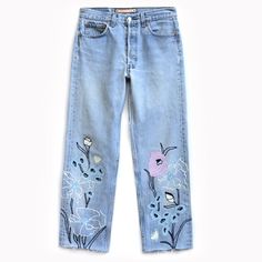 **All Reasonable Offers Accepted** Bliss And Mischief Levi's Straight Button Fly Jeans Floral Embroidery - Size 28. In Excellent Preowned Condition - No Flaws Or Stains. Msrp $400. Levi's Straight, Button Fly And Raw Edge Jean. Repurposed By Bliss And Mischief With Blue, White And Purple Floral Embroidery On Legs. 100% Cotton. Flat Measurements: * 15" Waist * 10.5" Rise * 27.5" Inseam Fitted Jeans With Multicolor Embroidery For Spring, Blue Jeans With Buttons For Spring, Fitted Blue Jeans With Floral Embroidery, Jeans Design For Women, Hello Embroidery, Teen Pants, Jeans Design, Denim Art, Drawn Flowers