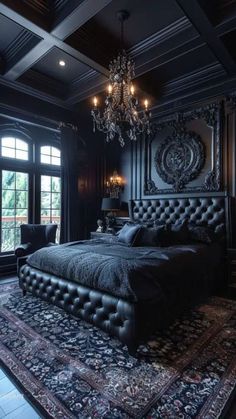 a bedroom with black walls and carpeted flooring, chandelier above the bed