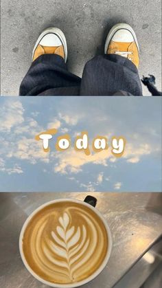 a cup of coffee sitting on top of a metal table next to the words today