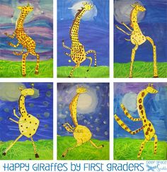 four pictures of giraffes in different positions with the words happy giraffes by first graders