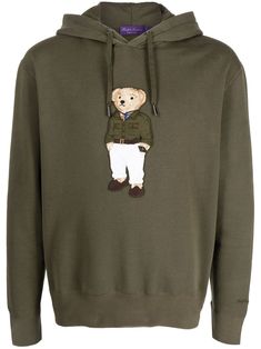 olive brown cotton blend signature Polo Bear motif drawstring hood long sleeves ribbed cuffs and hem Hoodie Verde, Maglia Fair Isle, Argyle Socks, Polo Bear, Hoodie Green, Purple Label, Ralph Lauren Purple Label, Cotton Hoodie, Big & Tall