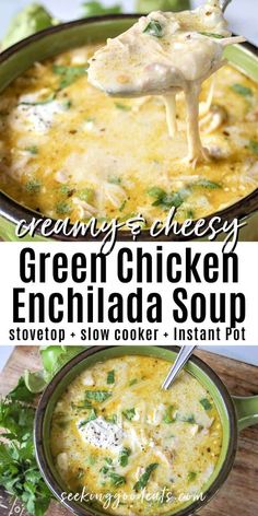 chicken enchilada soup in a green bowl with a spoon and title text