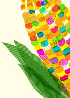 an illustration of a corn on the cob with colorful colors and leaves surrounding it