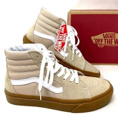 Vans Sk8-Hi Women Shoes Humus Gum Casual Sneakers Suede Canvas Skate Vn0a38gevs8 Brand New With Box. 100% Authentic! The Sk8-Hi, The Legendary Lace-Up High Top, Features Sturdy Canvas And Suede Uppers, Re-Enforced Toecaps To Withstand Repeated Wear, Padded Collars For Support And Flexibility, Gum Sidewalls, And Signature Rubber Waffle Outsoles Padded Collars Gum Sidewalls Signature Rubber Waffle Outsoles Vans Cream Sneakers With Rubber Sole, Cream High-top Skate Shoes With Laces, Vans Suede Skate Shoes With Round Toe, Vans High-top Suede Sneakers, White Suede Vans Skate Shoes, Cream Lace-up Skate Shoes With Cushioned Footbed, Vans High-top Sneakers With Speckled Midsole, Vans Skate Shoes With Cushioned Footbed And Round Toe, Vans Lace-up Skate Shoes With Cushioned Footbed