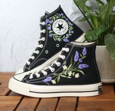 Embroidery converse/Custom Lavender embroidered shoes/Converse high tops embroidered Lavender/Gift for daughter/Lavender embroidery sneakers  💸 Price includes Converse Shoes and floral embroidery as shown 🌸 You can send me your Converse/Vans shoes or I can buy them for you. We stock all the Converse and Vans shoes you want, if you want other Converse/Vans shoes in the store, please message us. Your embroidered Converse/Vans shoes will be available for shipping in 7-15 days. 🌸 I started hand e Converse Embroidery Ideas Black, Light Purple Converse Embroidered, Embroidered Converse High Tops, Embroidered Shoes Converse, Embroidery Converse, Embroidery Sneakers, Lavender Embroidery, Converse Embroidery, Embroidered Lavender