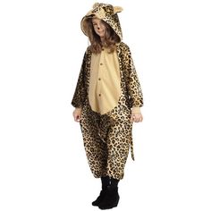 a girl in a leopard costume is standing on the white floor wearing a brown and black animal suit