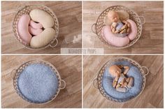 four pictures of baby dolls in a basket