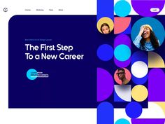 the first step to a new career landing page is shown in blue and purple colors