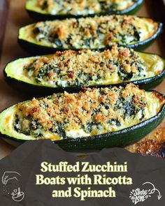 stuffed zucchini boats with ricotta and spinach are ready to be eaten