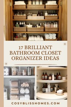 Transform your chaotic bathroom closet with these 17 essential hacks. This pin creatively showcases clear acrylic containers, magnetic strips, and a towel ladder across three images to illustrate effective organization tips.