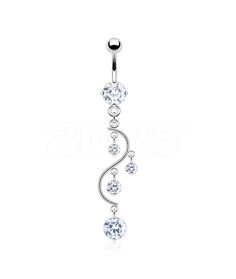 a dangling belly ring with clear crystal stones on the bottom and an elegant spiral design