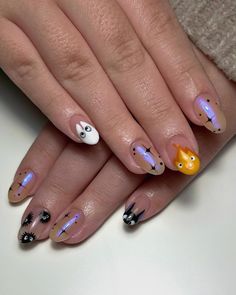 full Ghibli 💜 (づ ◕‿◕ )づ  nail art niveau 3 #nail #nails #nailart #nailartist #gelx #gelxnails #nailaddict #naildesign #ongles94 #cutenails #roundnails #ghibli #calcifer #totoro College Nails, Kutek Disney, Cute Simple Nails, Cat Nails, Halloween Nail Designs, Nagel Inspo