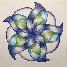 a drawing of an abstract design in blue, green and white